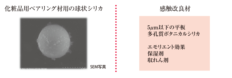 化粧品用ベアリング材用の球場シリカ（SEM写真）、感触改良材（5μm以下の平板 多孔質ボタニカルシリカ、エモリエント効果 保湿剤・収れん剤）